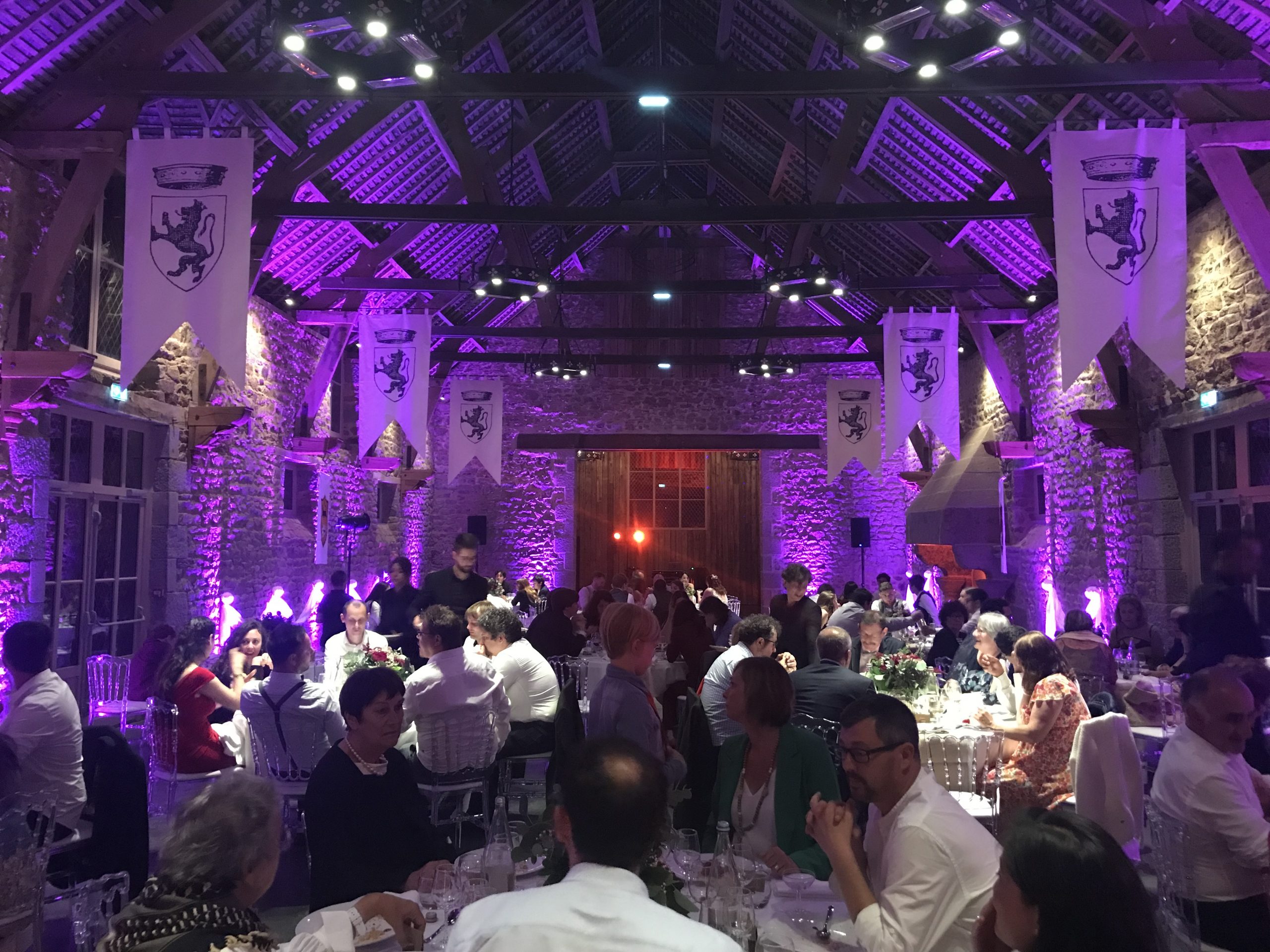 Lieu de réception mariage Château rocher portail éclairage nocturne violet DJ Concept